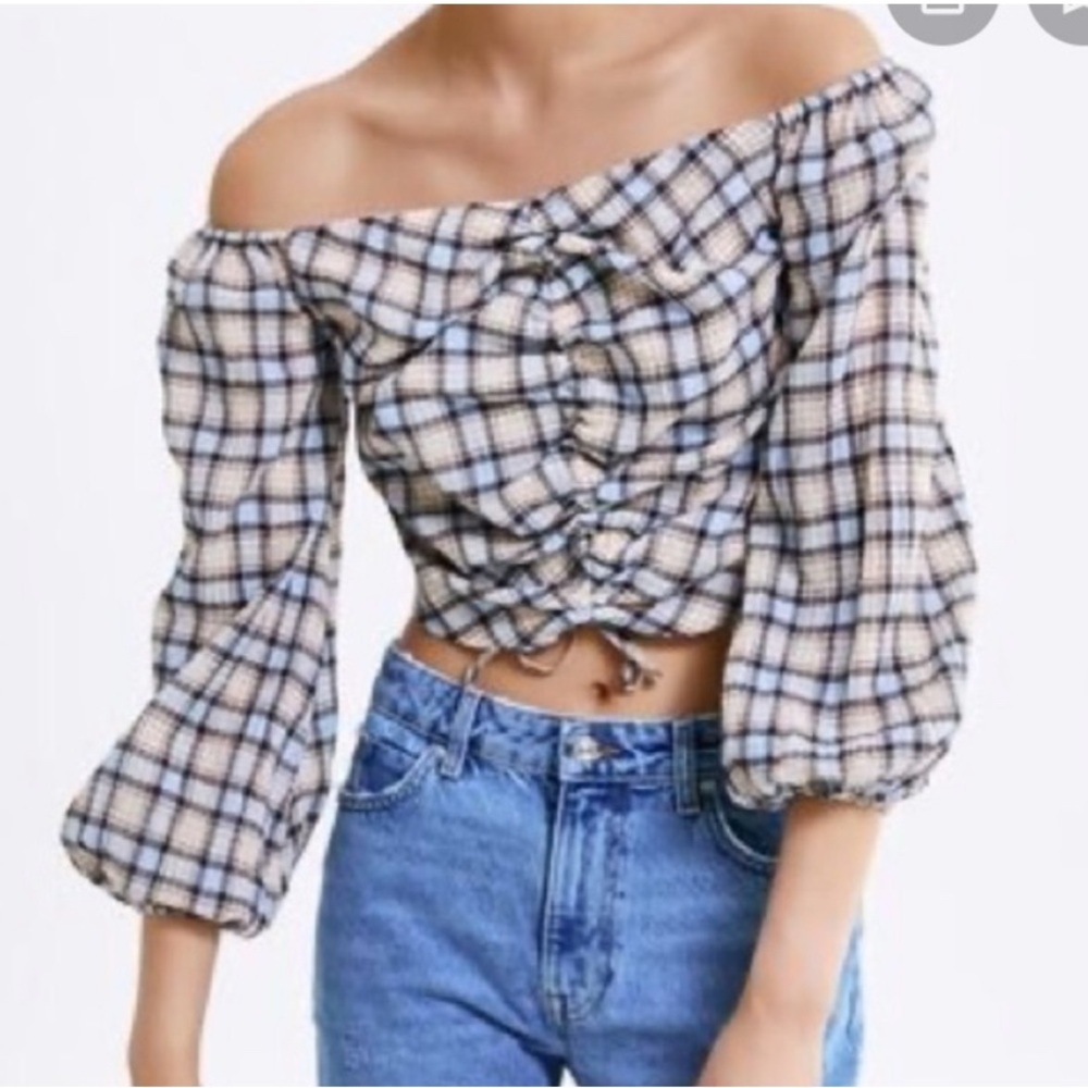 Zara Women's M Blue Cream Plaid Ruched Chic Cottagecore 3/4 Sleeve Blouse - Picture 1 of 10